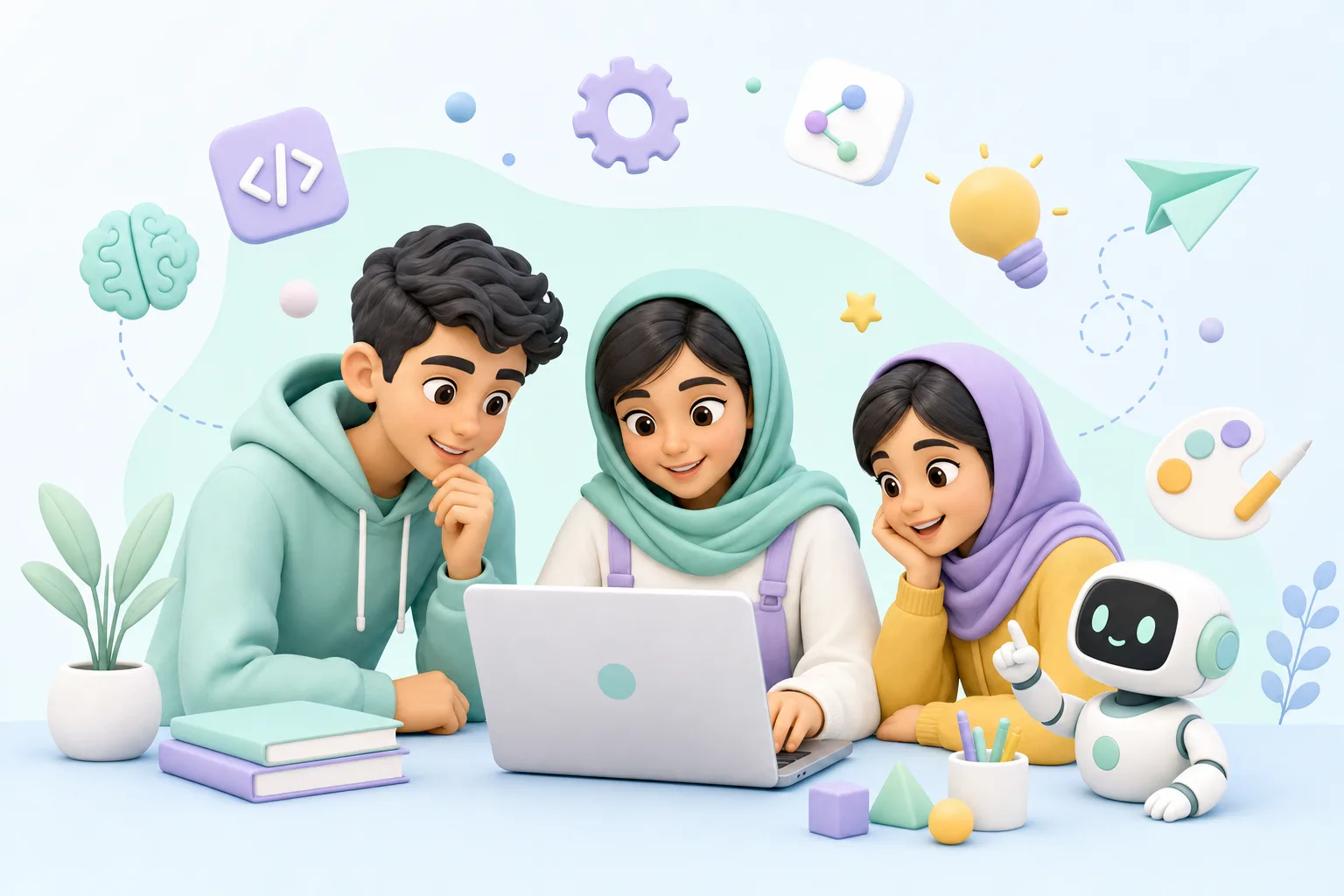 کودکان و نوجوانان در حال یادگیری فناوری با لپتاپ و ربات آموزشی
